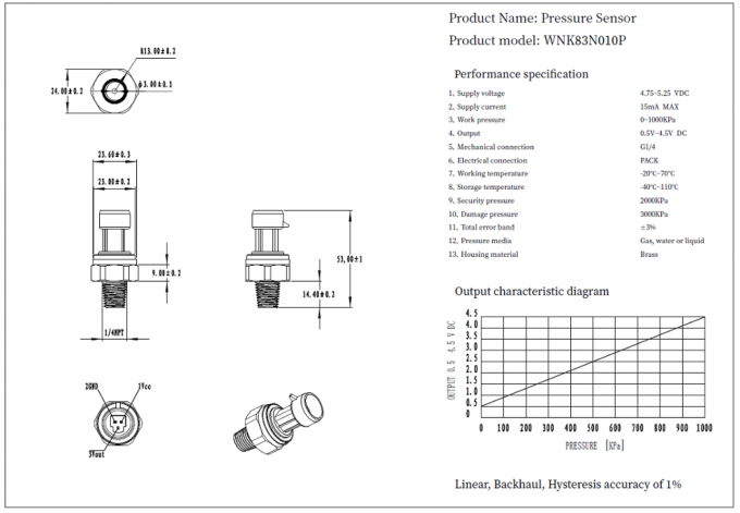 0.5-4.5v空気調節の圧縮機のための真鍮の容量性陶磁器圧力センサー