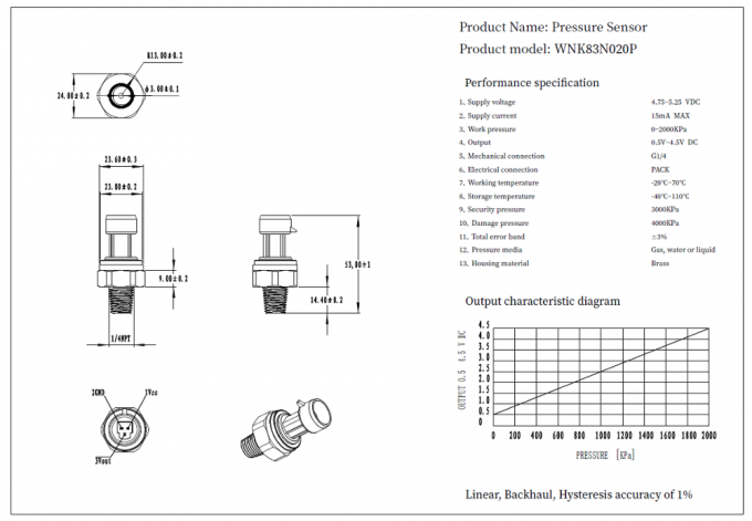 安価空気ガス水のための真鍮の陶磁器の容量性0.5-4.5V圧力センサーの送信機